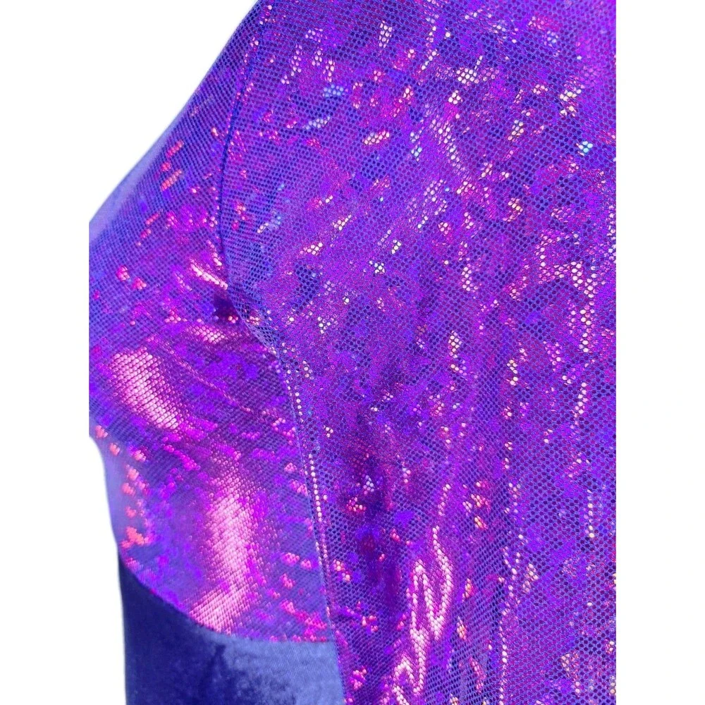 GK Elite VTG Mystique Purple Holographic LS Keyhole Leotard Blue Velvet Size AM